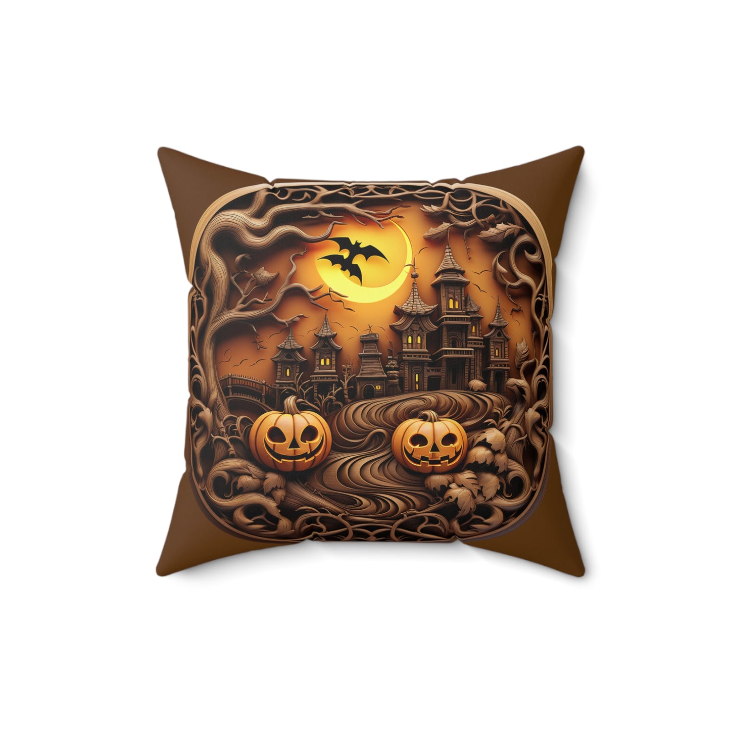 Pumpkin Haunted House Spun Polyester Square Pillow