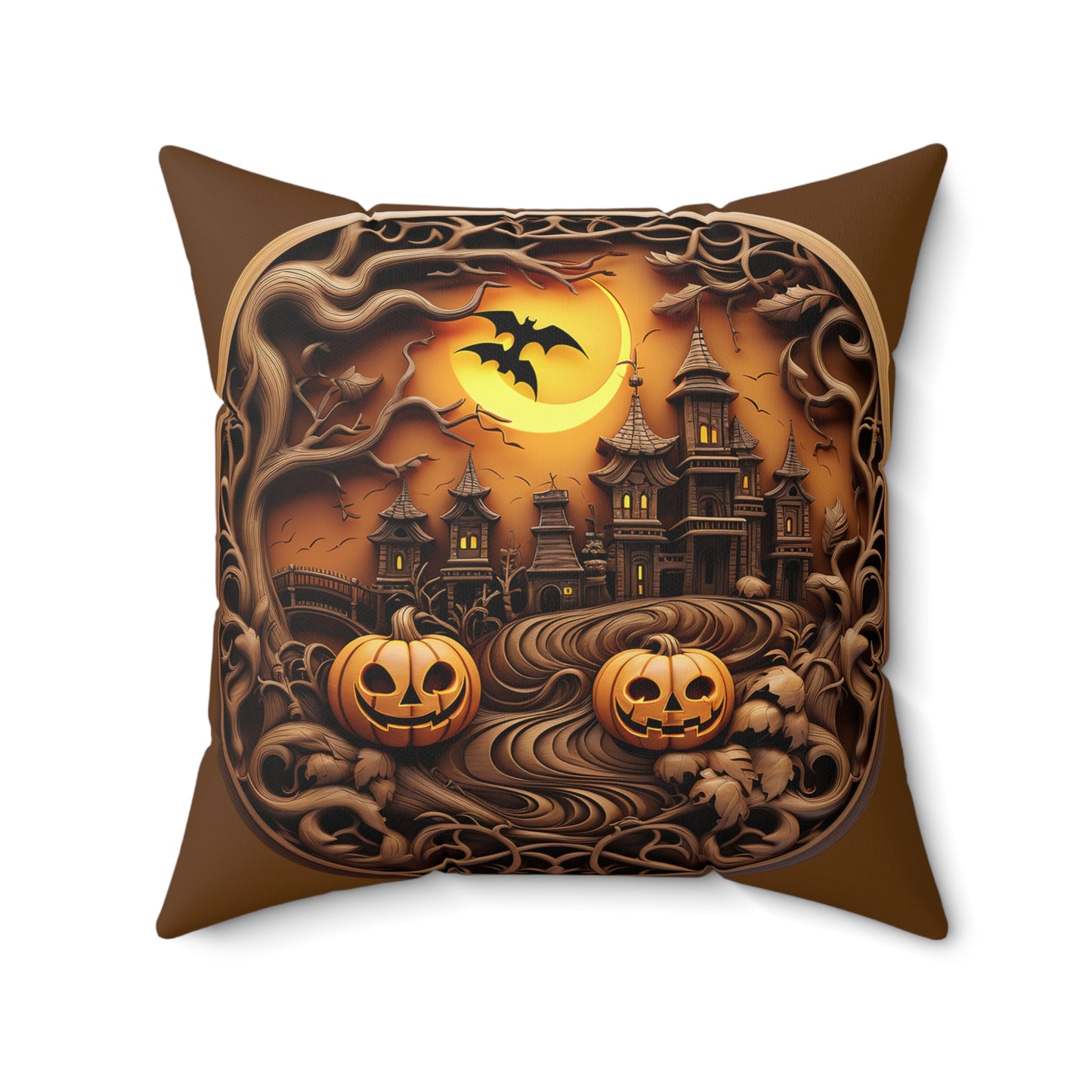 Pumpkin Haunted House Spun Polyester Square Pillow