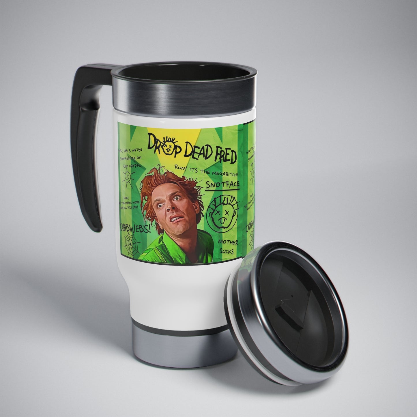 Drop Dead Fred Stainless Steel Travel Mug with Handle, 14oz